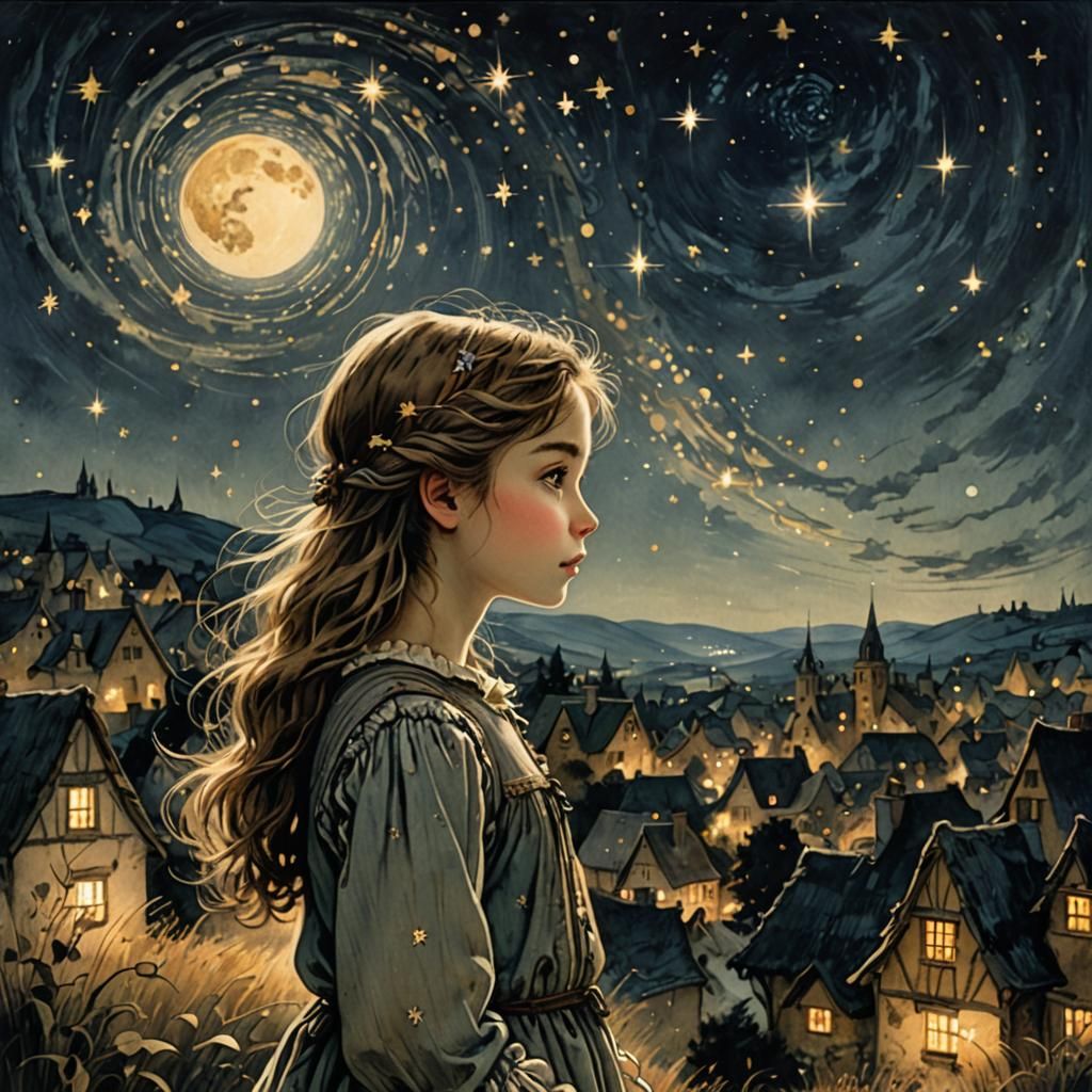 Girl Gazing at Stars in Fairytale Illustration