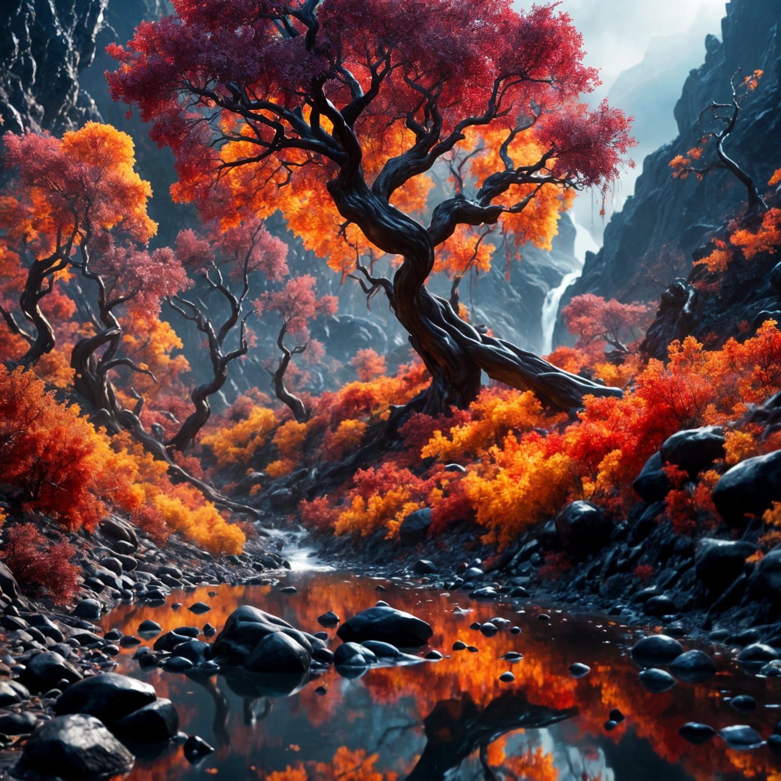 Dark Twisted Autumn Trees by Reflective River