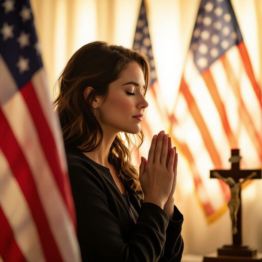 Woman in Prayer with American Flags, Cinematic Film Look