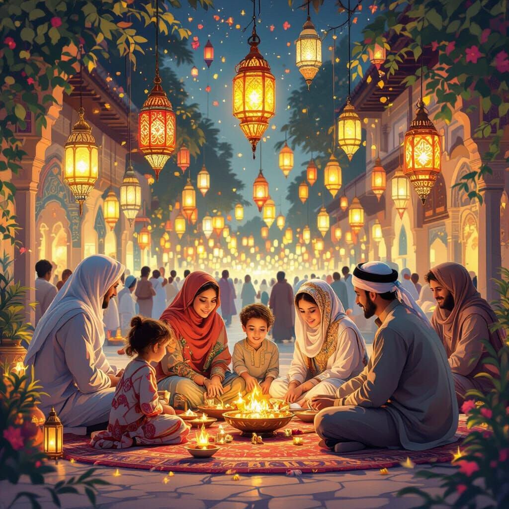 Eid al-Fitr Celebration Illustration in Vibrant Digital Pain...