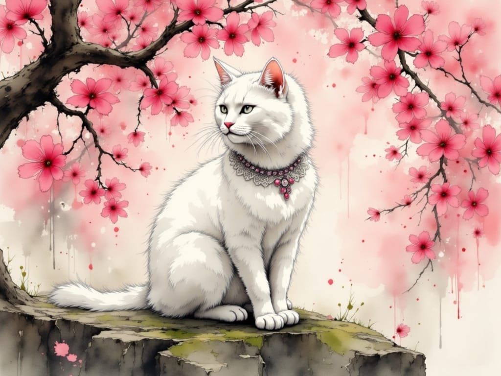 Cat in Cherry Blossoms, Japanese Ink and Watercolor