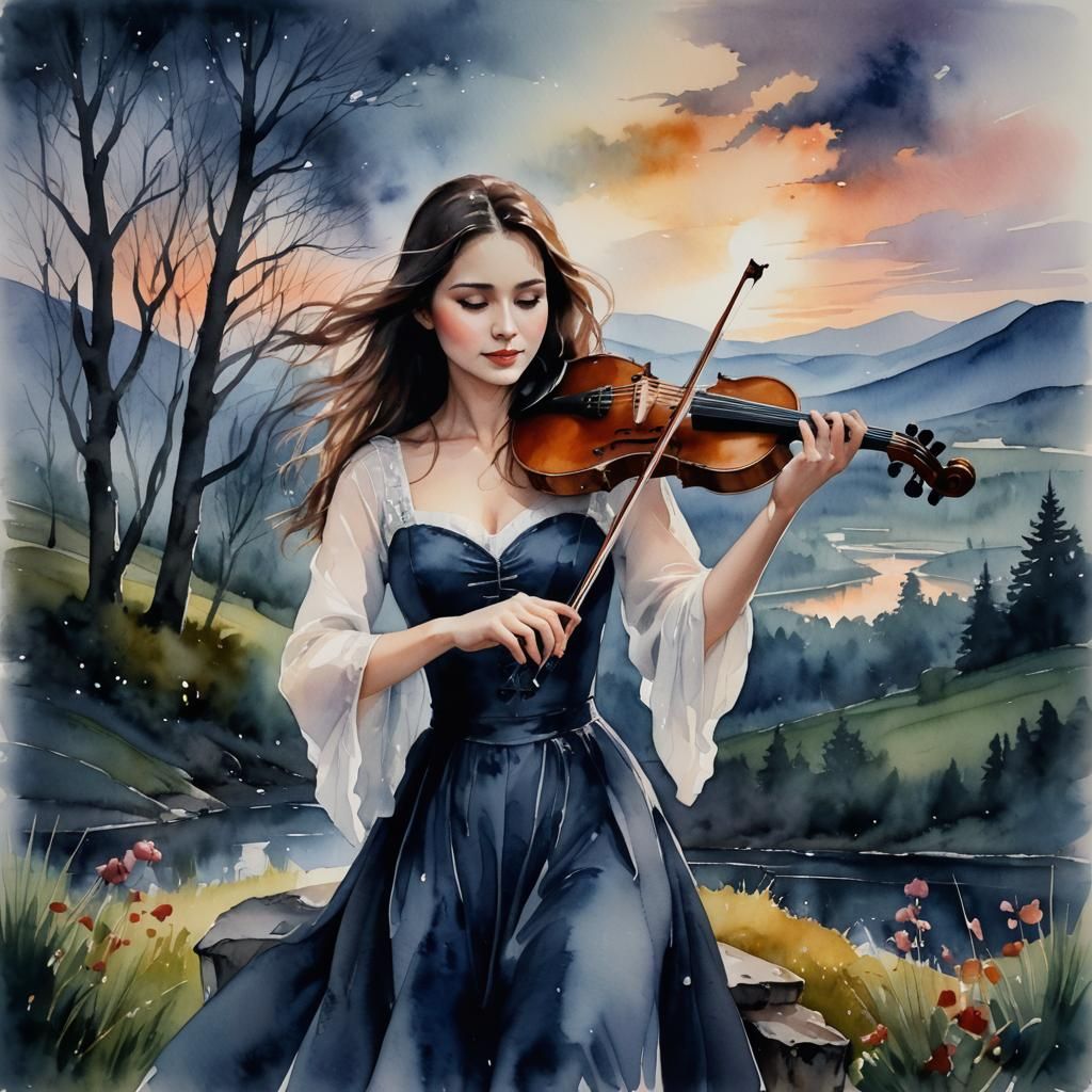 Emotional Watercolor: Woman Playing Violin at Twilight