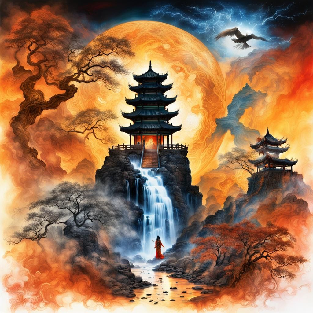 Goddess Silhouette with Fire and Water in Anime Art Style