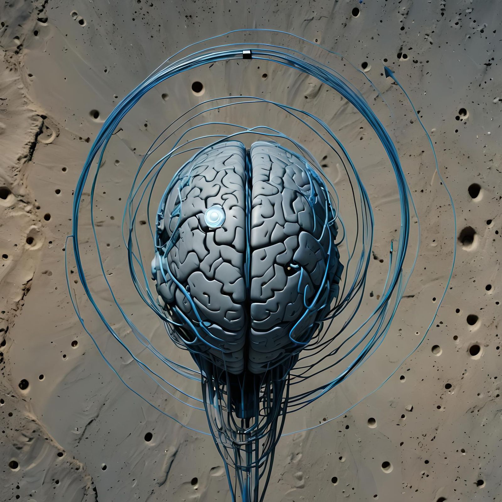 Futuristic Brain on Lunar Landscape with Digital Code