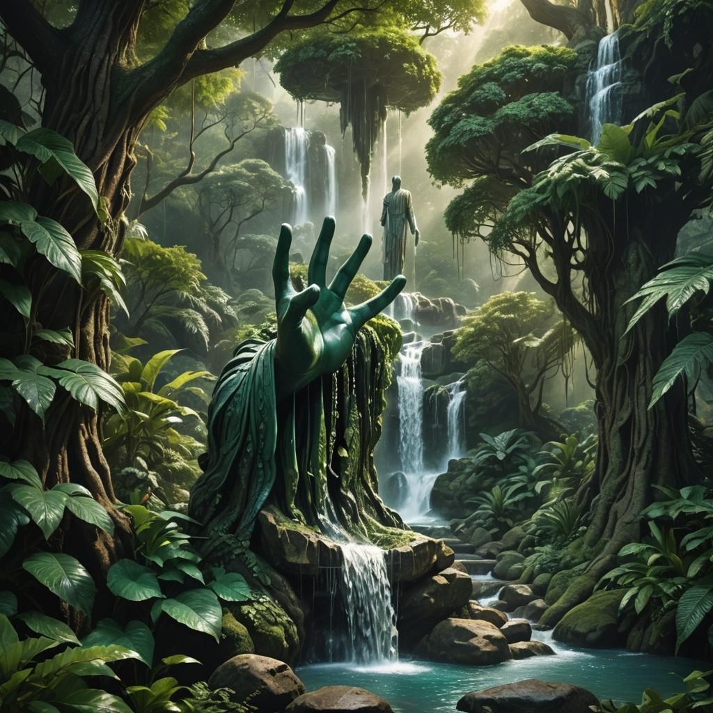 Waterfall Flows from Stone Hand Statue