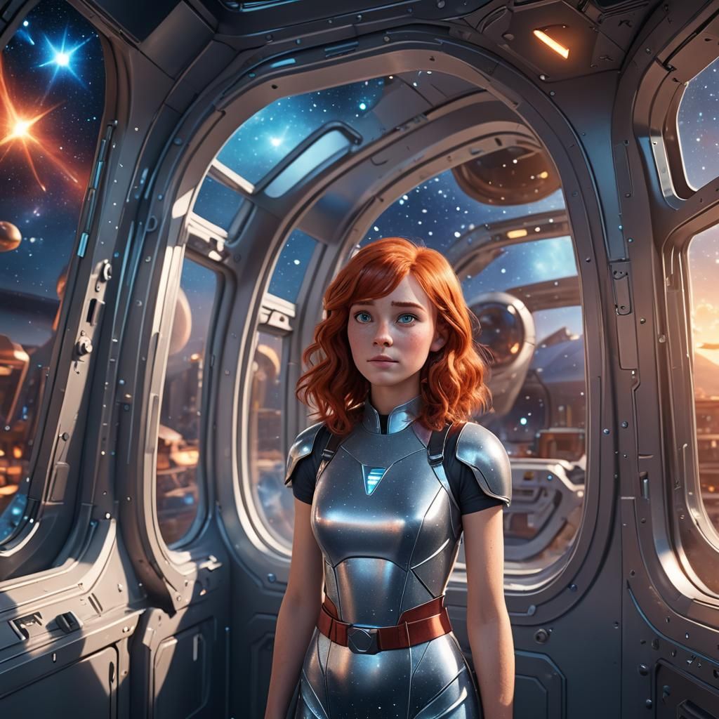 Red-Haired Woman at Spaceship Window: Pixar Style