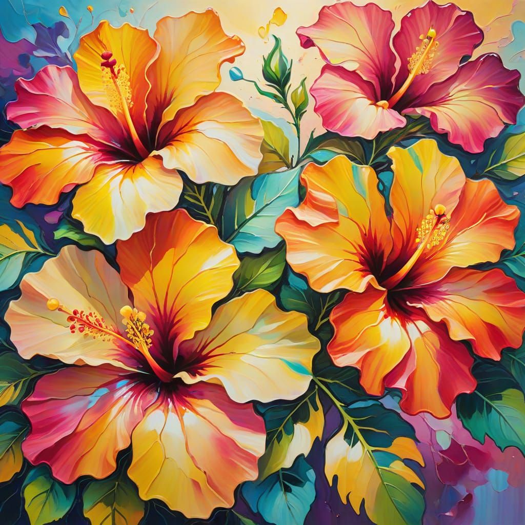 Fauvist Acrylic Painting of Melting Hibiscus Flowers