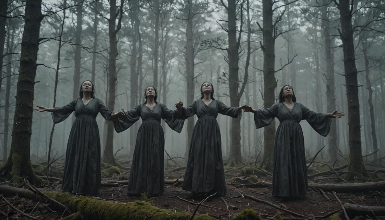 Eerie Figures in Forest: A Film Noir Scene