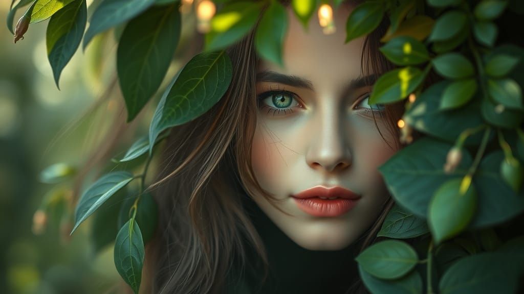 Ethereal Woman's Face Emerges from Lush Greenery