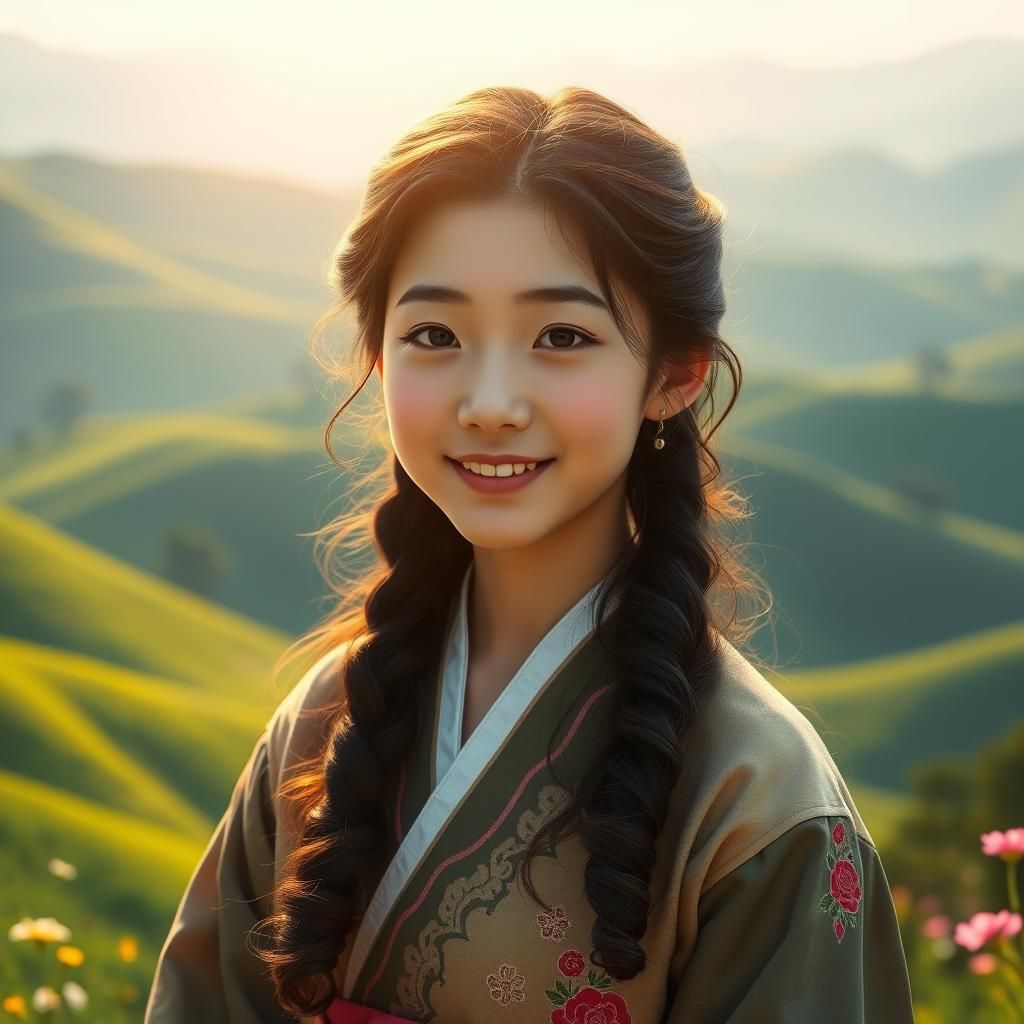 Korean Girl in Hanbok Amidst Rolling Green Hills