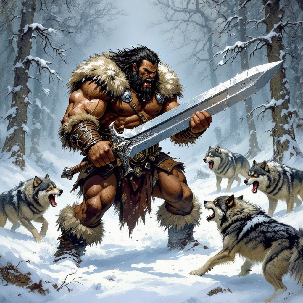 Barbarian Warrior Battles Wolves in Fantasy Art Style
