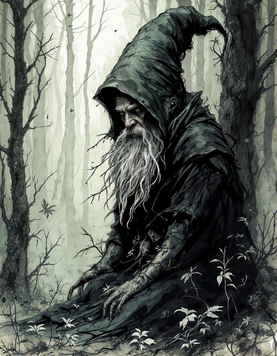 Gnome Sorcerer Touched by Grief, Ink Drawing