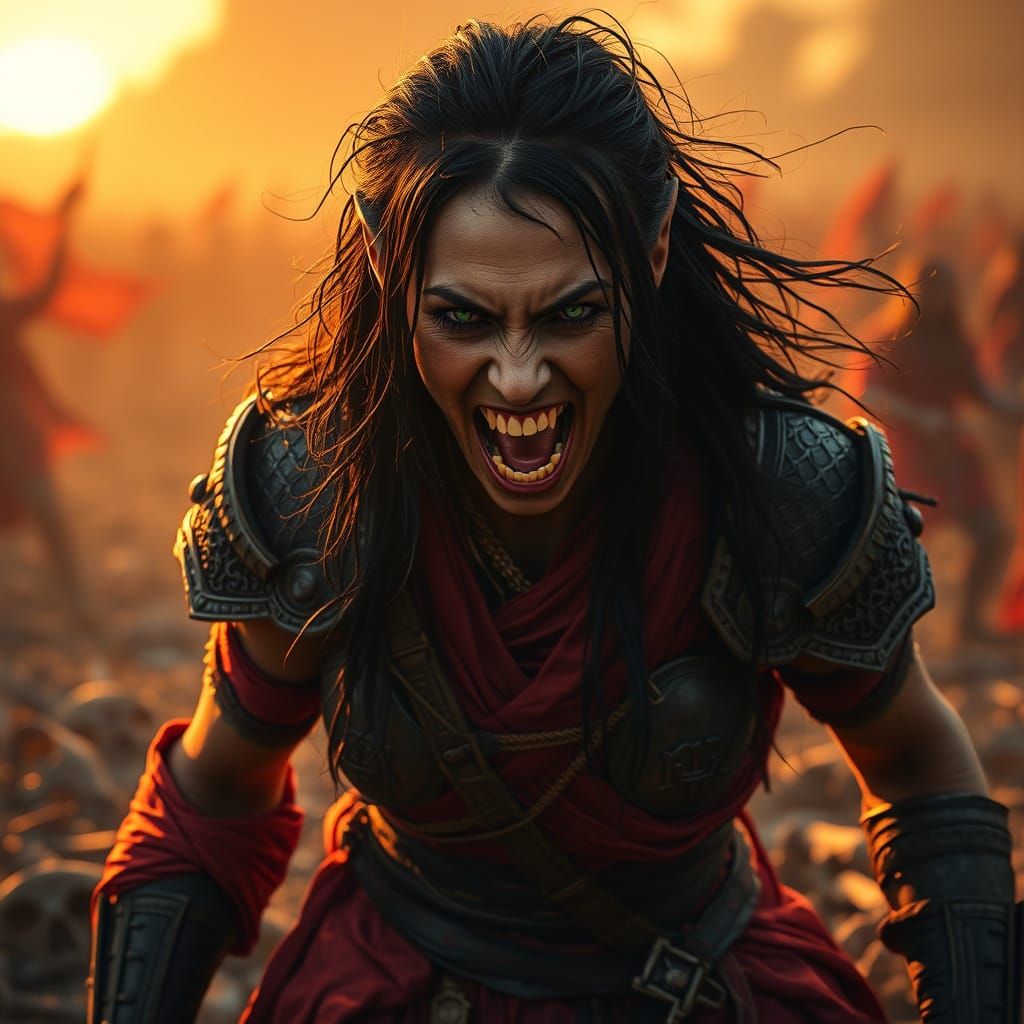 A fierce gaulese warrior woman, smeared with blood, angry, enraged, screaming with madness dirty teeth showing, eyes bul...