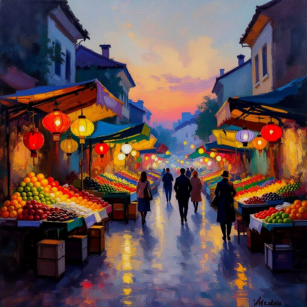Bustling Street Market at Dusk in Impressionist Style