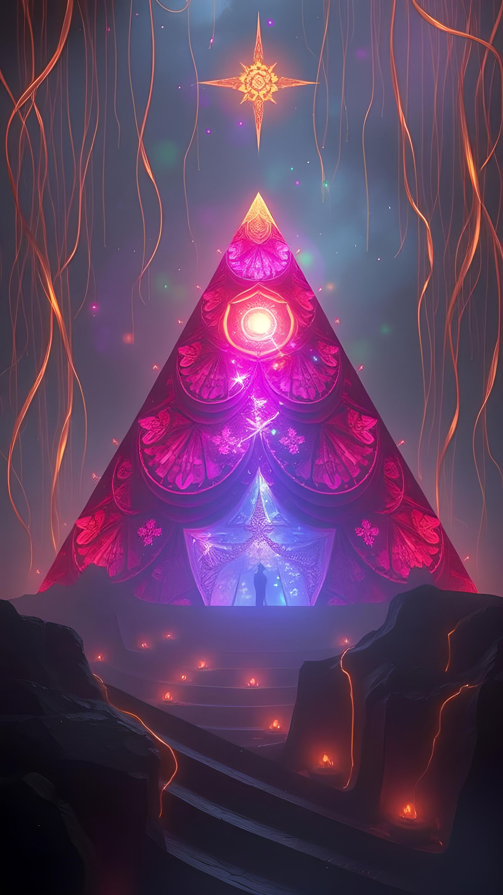 Ethereal vibrant liar, pyramid, bronze, glowing, light tendr...