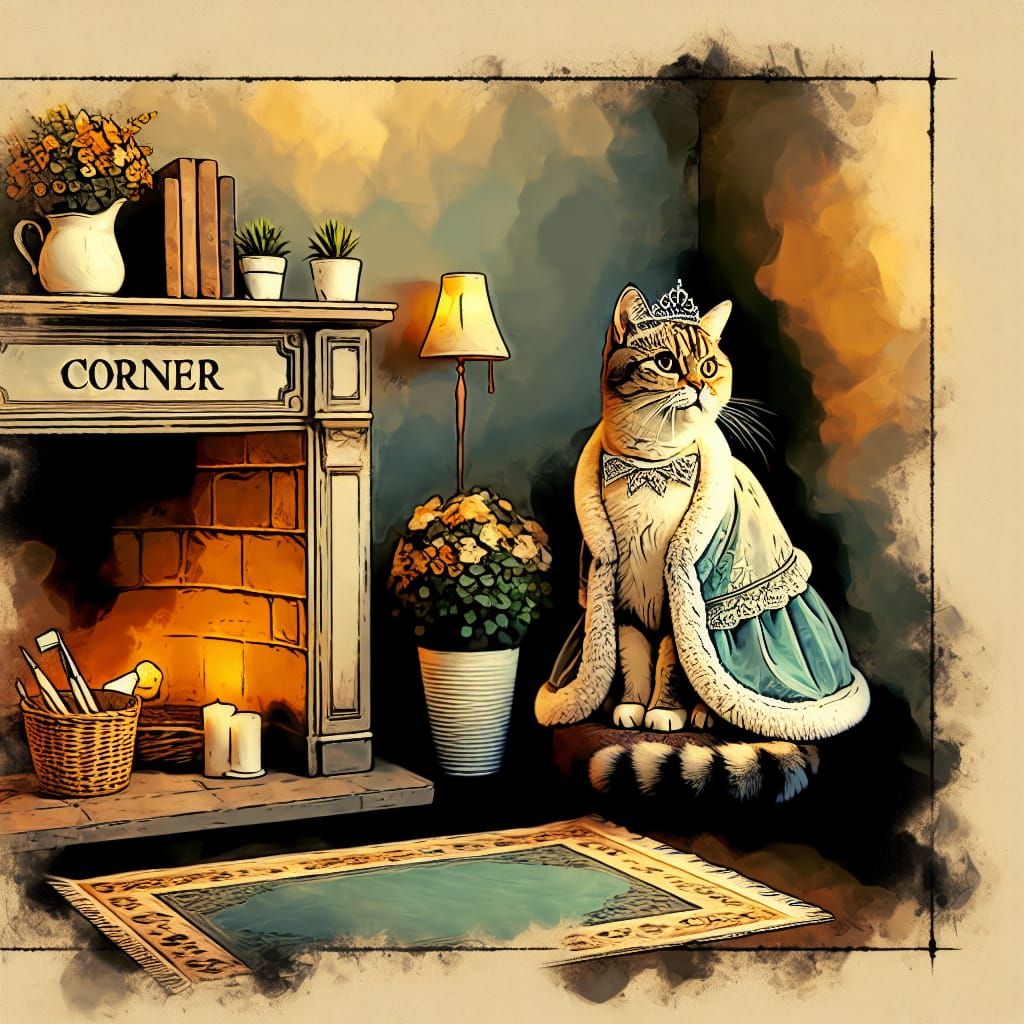 A beautiful high class dressed Princess cat, in a coxy corner, clean oil ink airbrush painting