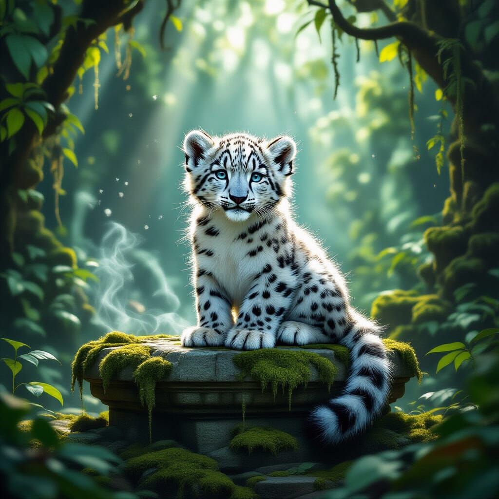 Majestic Snow Leopard Cub on Ancient Jungle Altar