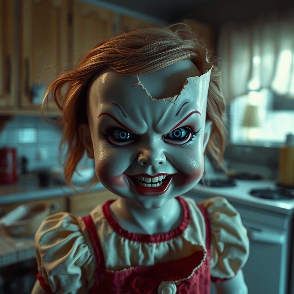 Sinister Cracked Porcelain Doll in Abandoned Kitchen