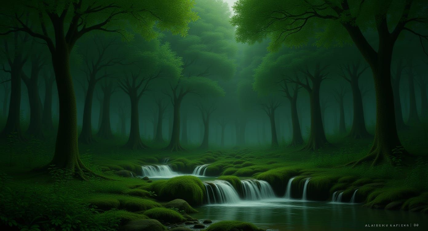 Misty Oak Forest with Waterfalls, Digital Matte Painting
