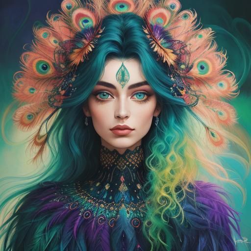 Peacock Feather Hair Portrait in Abstract Expressionism