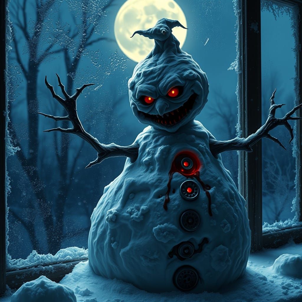 Snowman of Dark Intent Stares Menacingly Through Frosted Win...