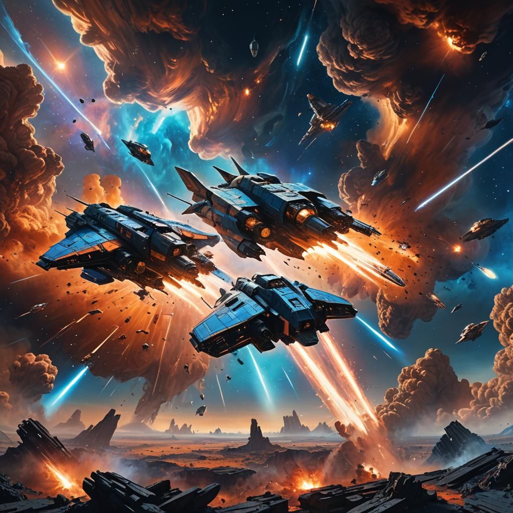 Surreal Space Battle in the Style of Syd Mead