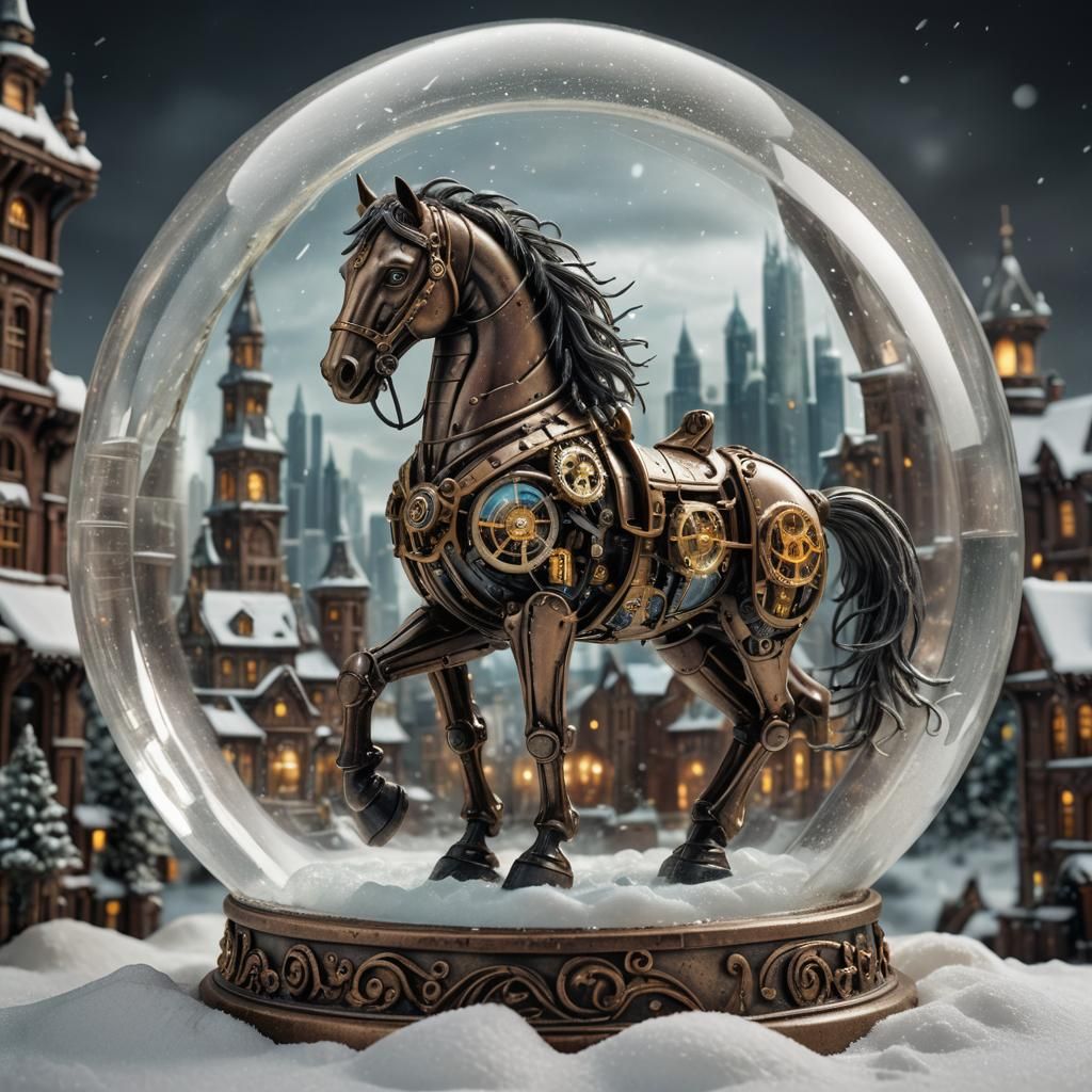 Steampunk Glass Horse Snow Globe City