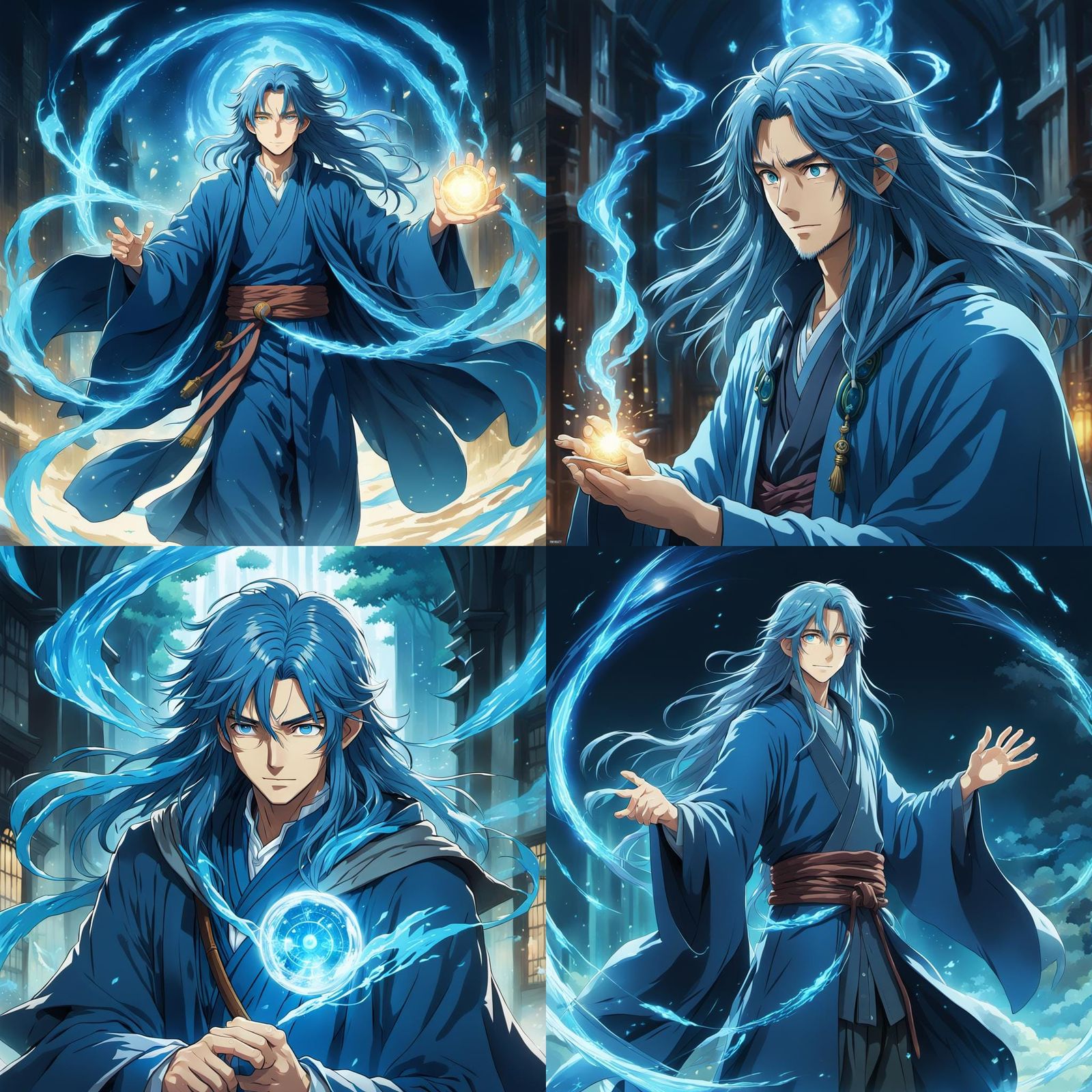 Anime Wizard with Blue Hair Casts Magic