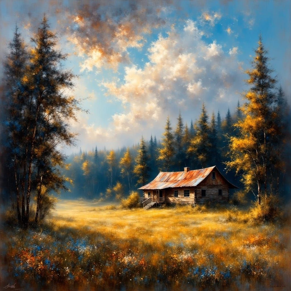 Ethereal Landscape Oil Painting of Rustic Cabin