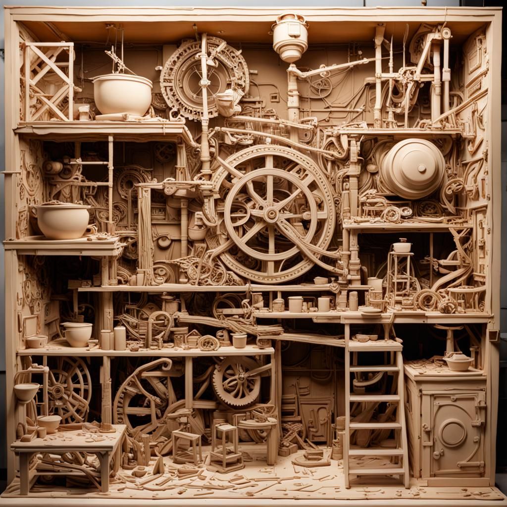 Intricate Clay Rube Goldberg Machine in Hyperrealism