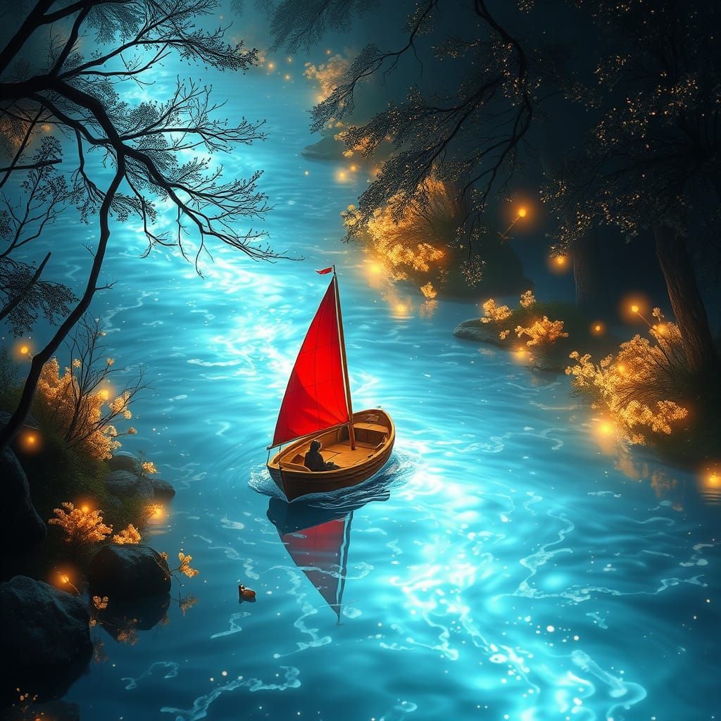 Luminous River of Whispers with Red Boat