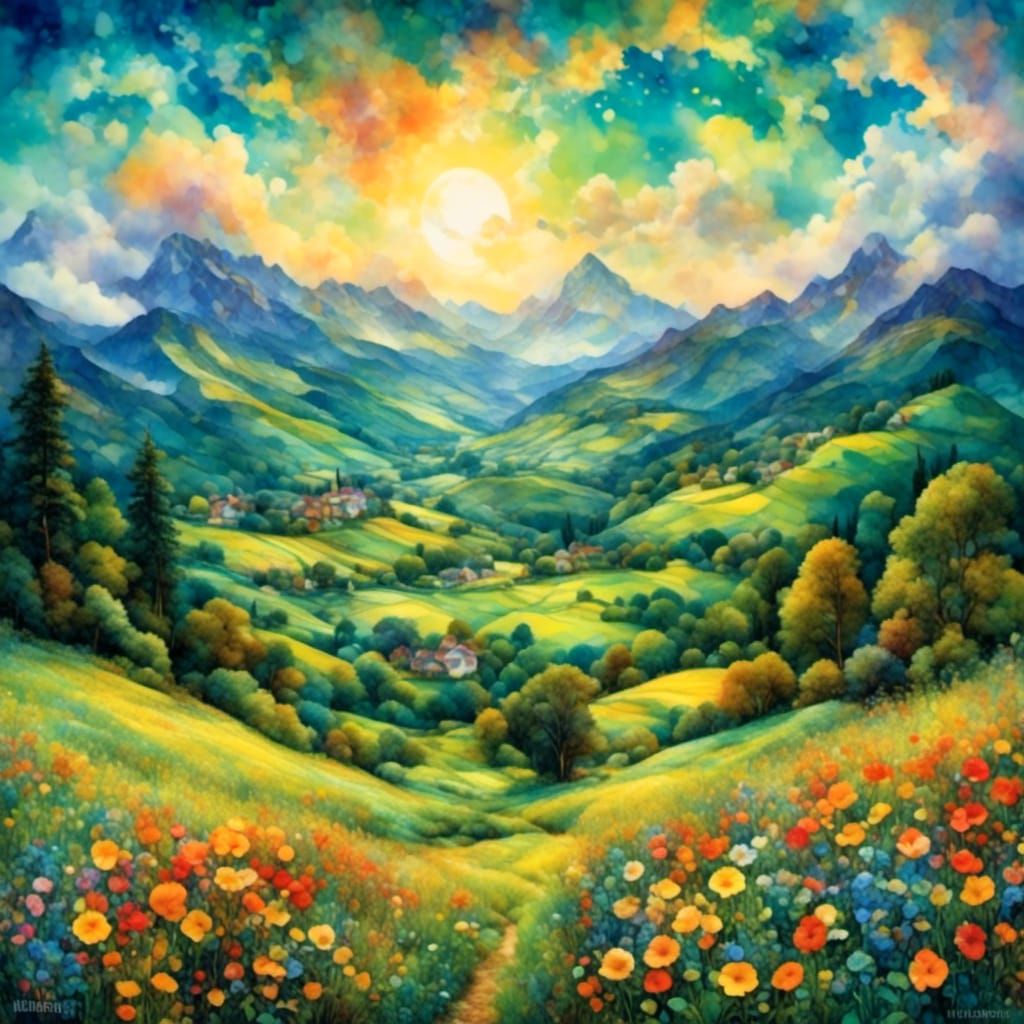 Impressionist Landscape with Green Valleys and Flowers