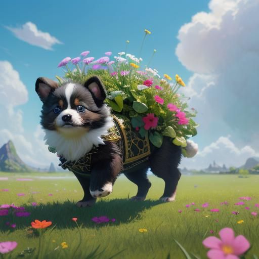 Cute Fluffy Puppy Hovering Over Flowers