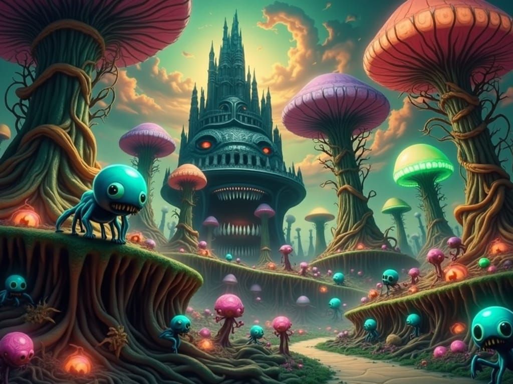 Surreal, Biomechanical Alien Landscape in Dark Humor Style