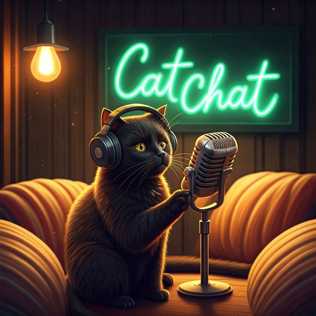 Cute Cat Hosts Podcast in Cozy Studio
