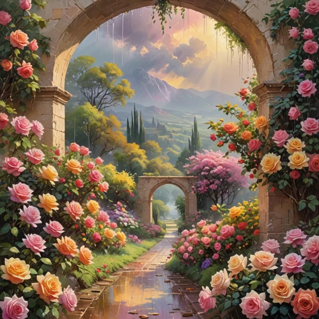 Impressionist Valley of Roses Under the Rainbow