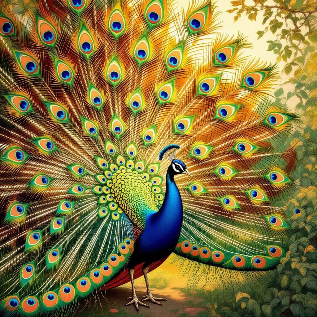 Peacocks Displaying Iridescent Plumage, Art Nouveau Style