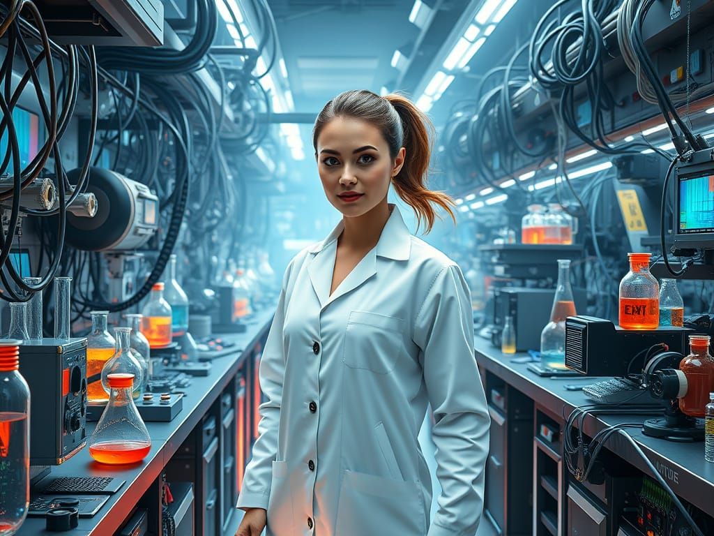 Photorealistic Futuristic Lab with Brilliant Scientist