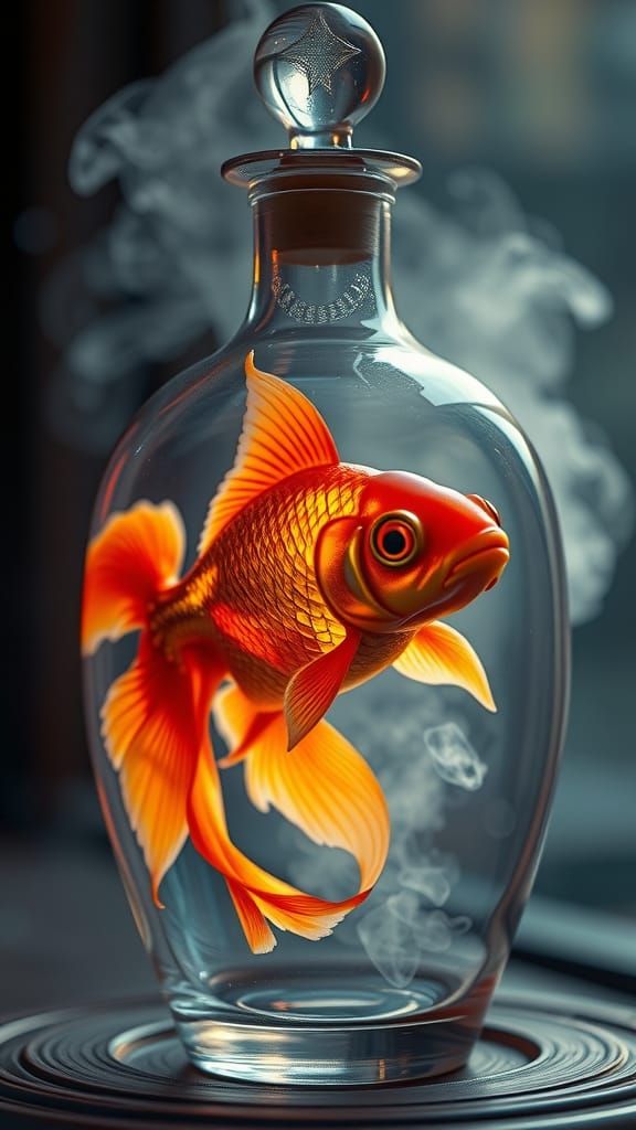 An ultra realistic cute iridescent orange yellow red  goldfi...