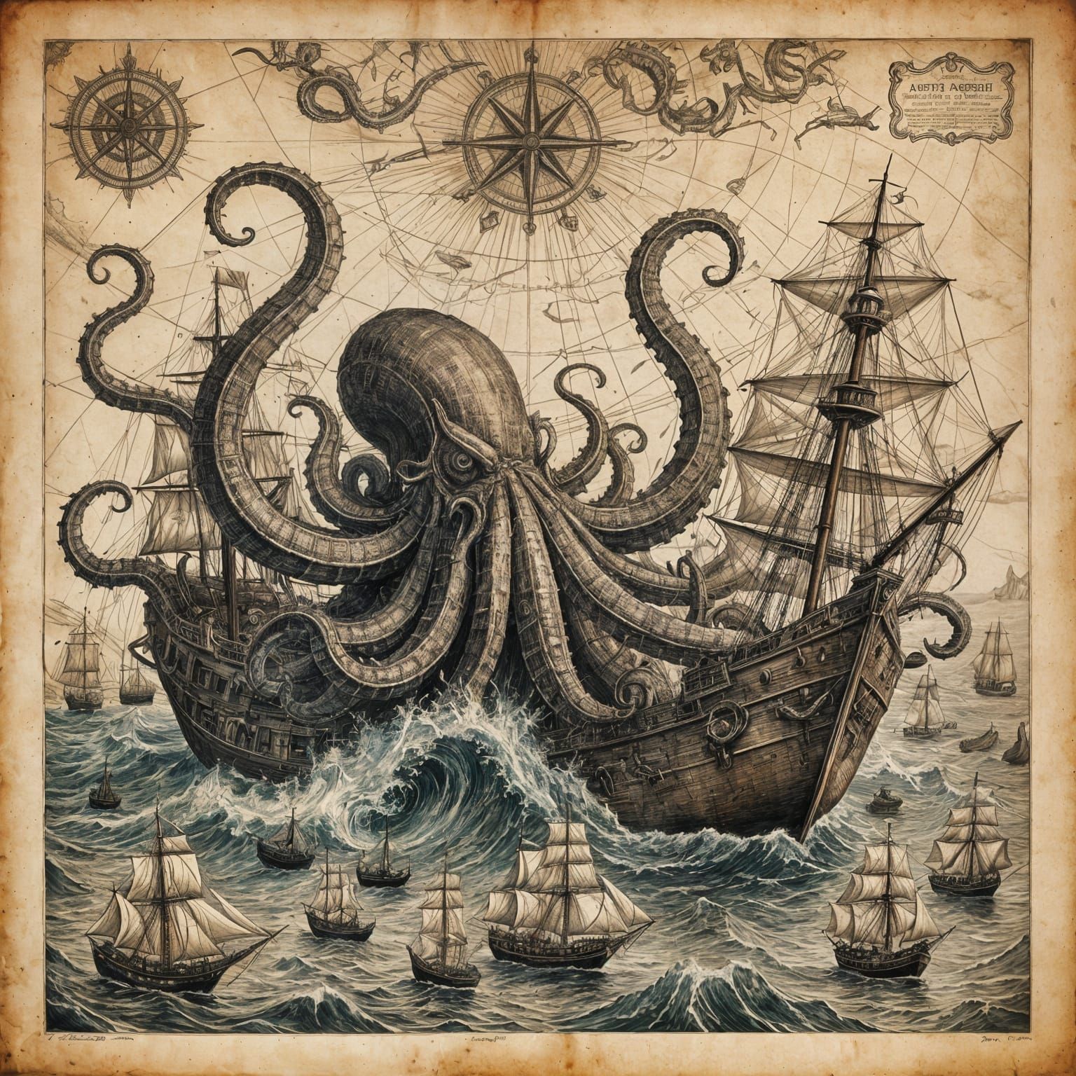 Kraken Attacks Ships: Antique Copperplate Etching