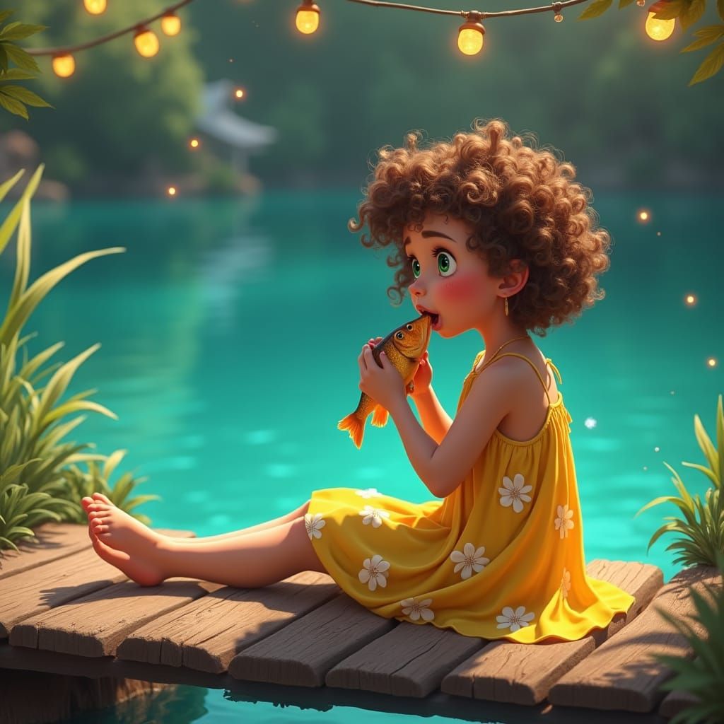 Girl Eats Fish by Lake: Digital Matte Painting
