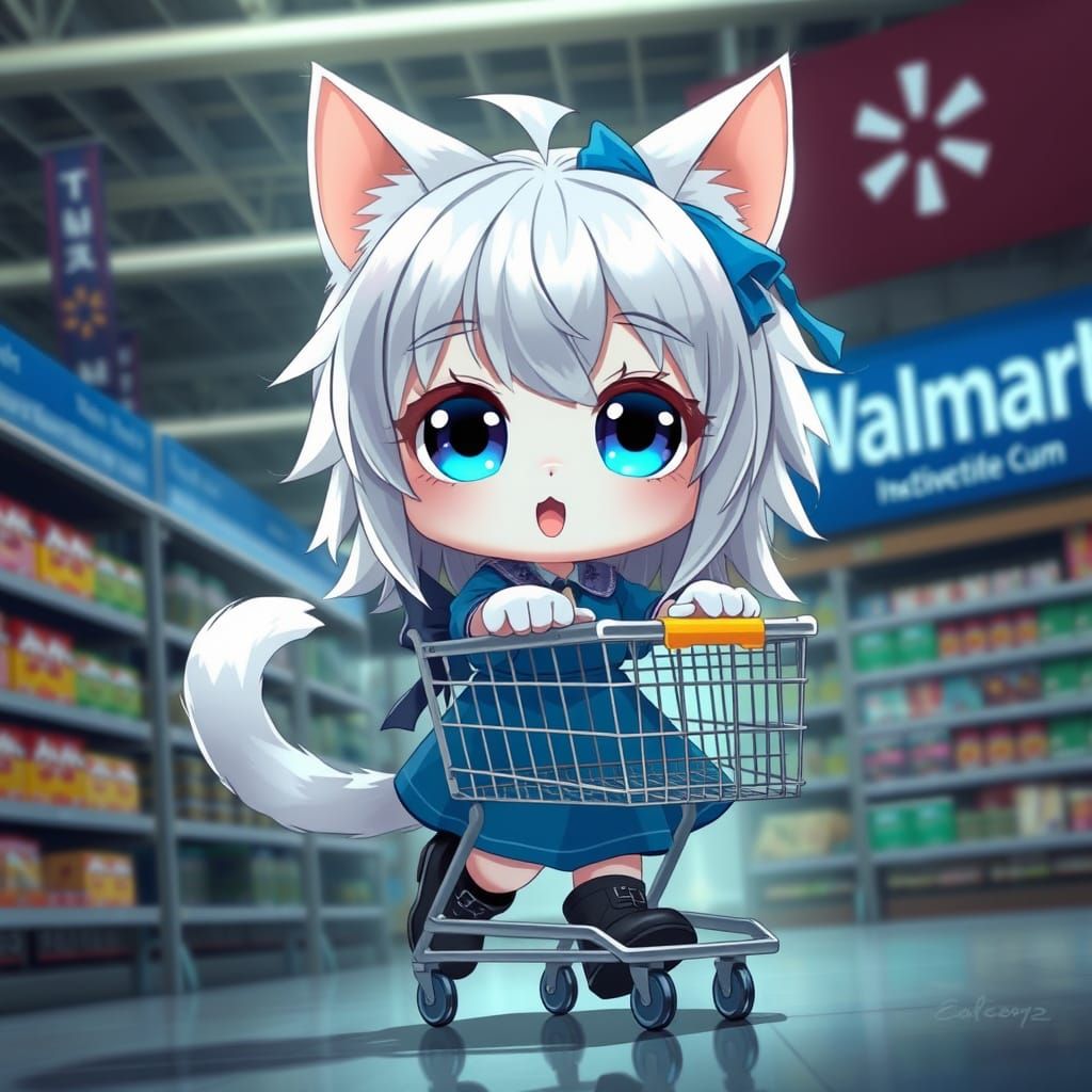 Anime Catgirl Shops at Walmart in Moody Lighting
