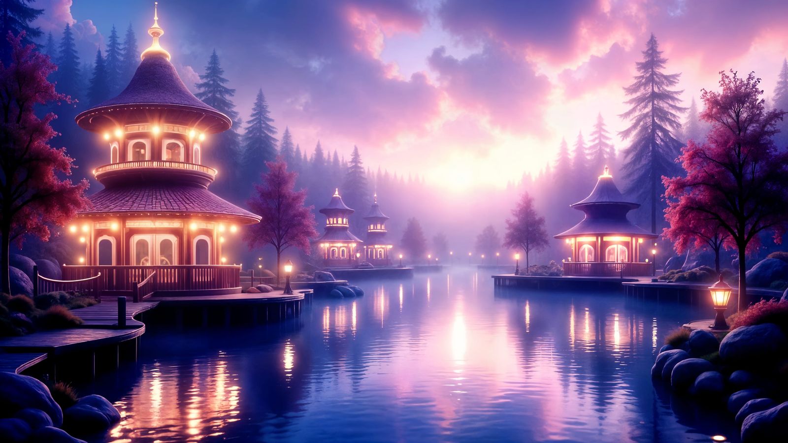 Whimsical Lakeside Amusement Park in Watercolor Style