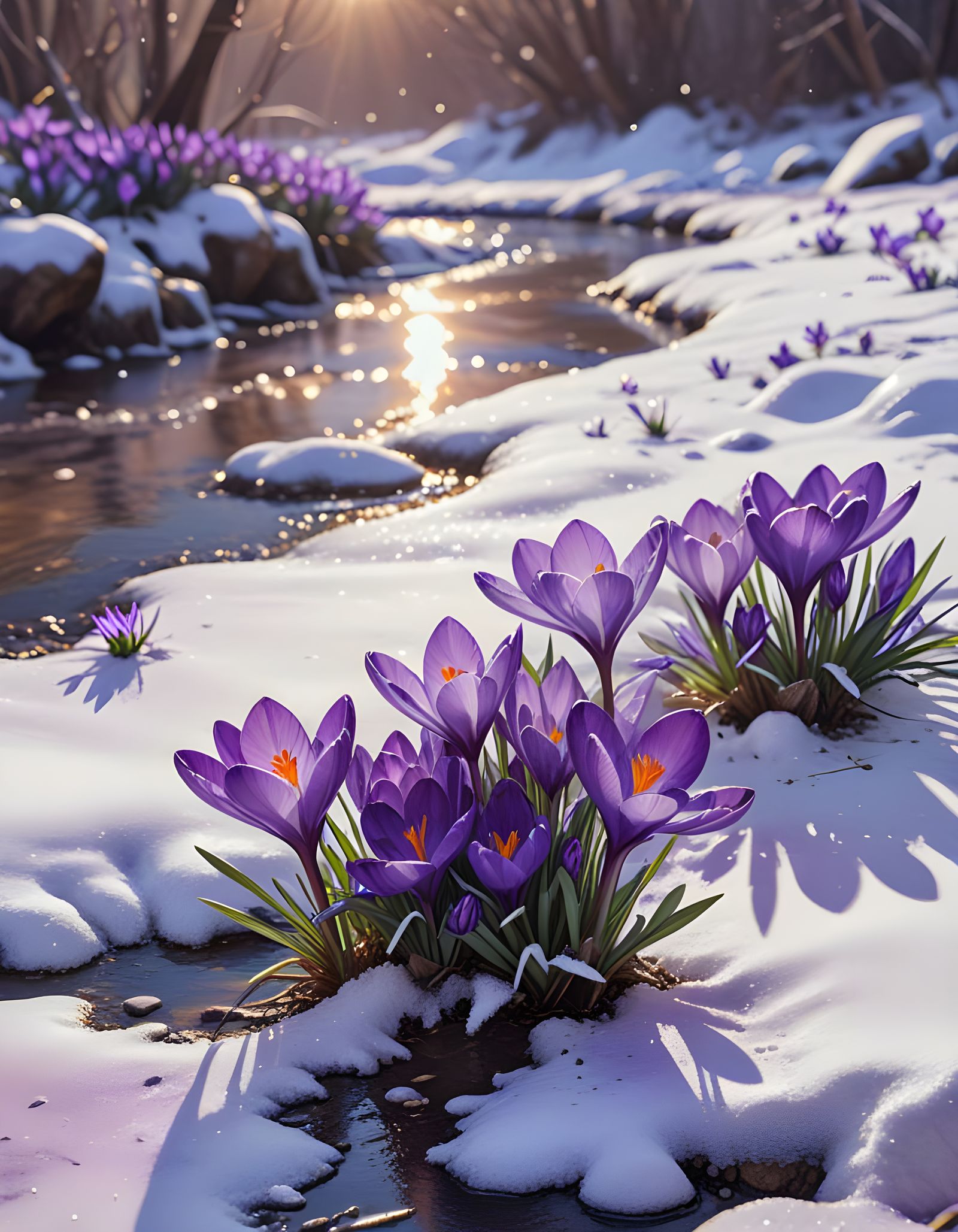 Violet Crocuses Emerge in Melting Snow
