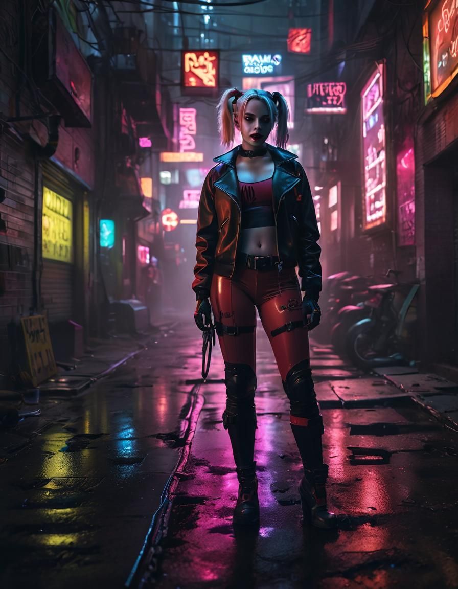 Harley Quinn in Cyberpunk Neon Alleyway