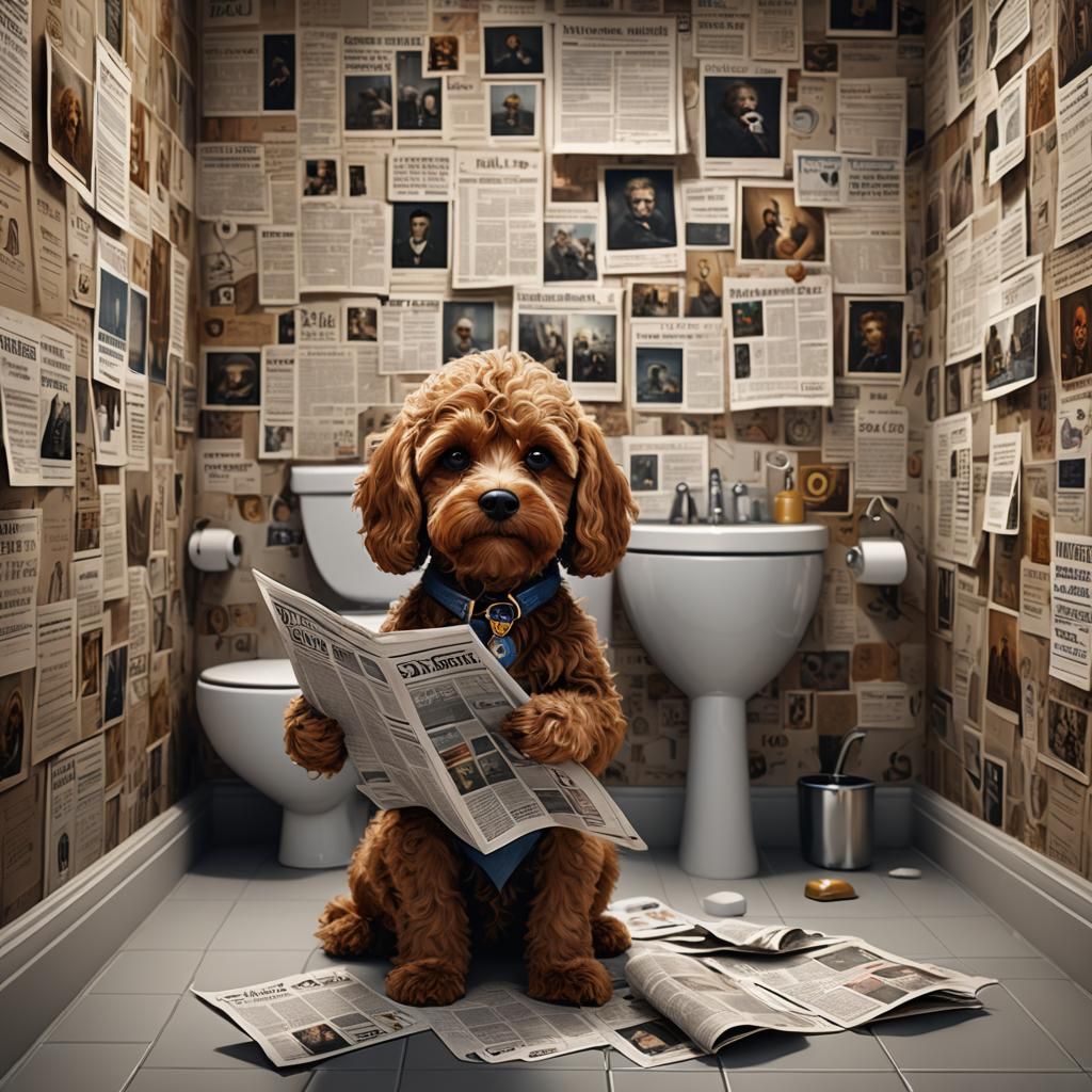Cavapoo Reads Newspaper on Toilet: Fantasy Art