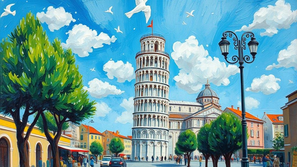 Tower of Pisa in Snowy Neo-Impressionist Style