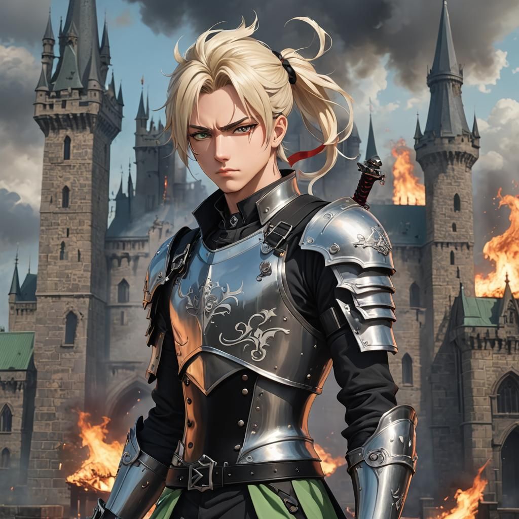 Anime Swordsman in Burning Castle Landscape