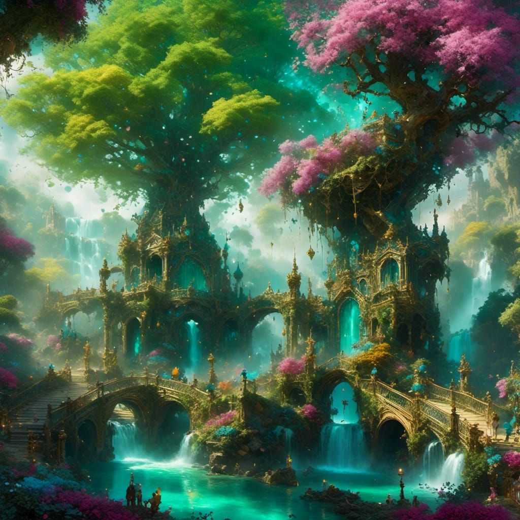 Enchanted Fairy Land with Golden Gates, in Ethereal Style