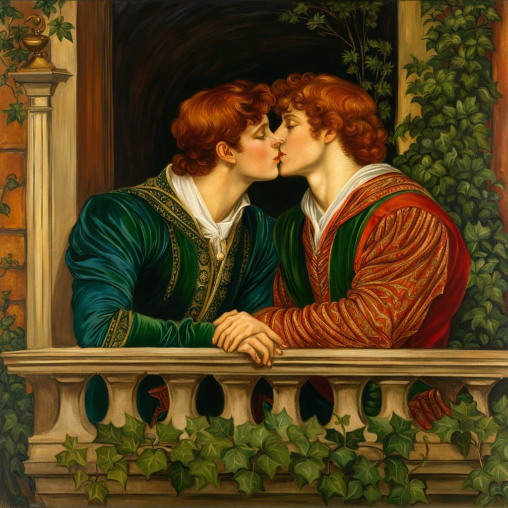 Gay Men Kissing in Renaissance, Pre-Raphaelite Style